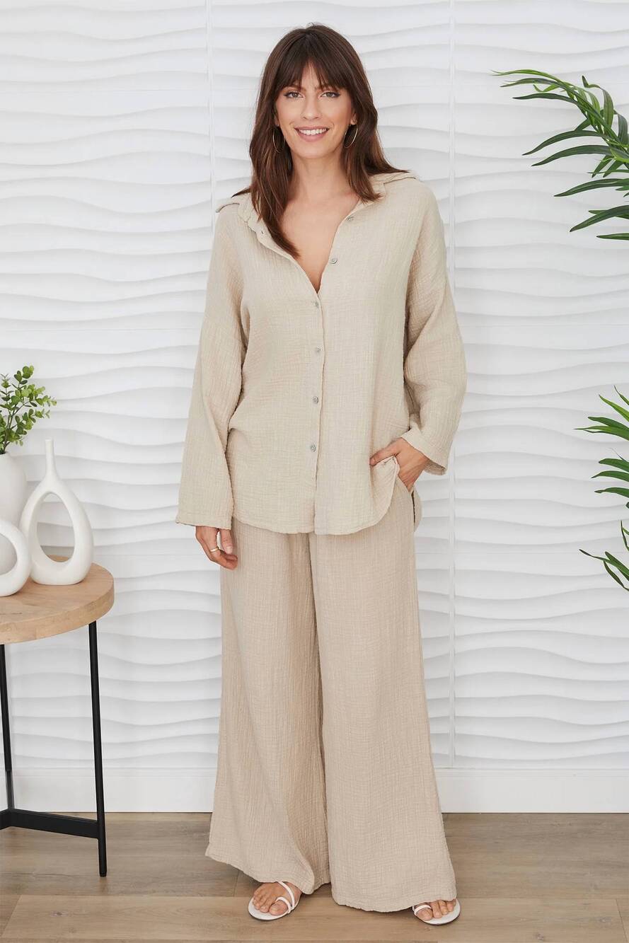 NEW SUZY D cooper gauze cotton palazzo pants in beige